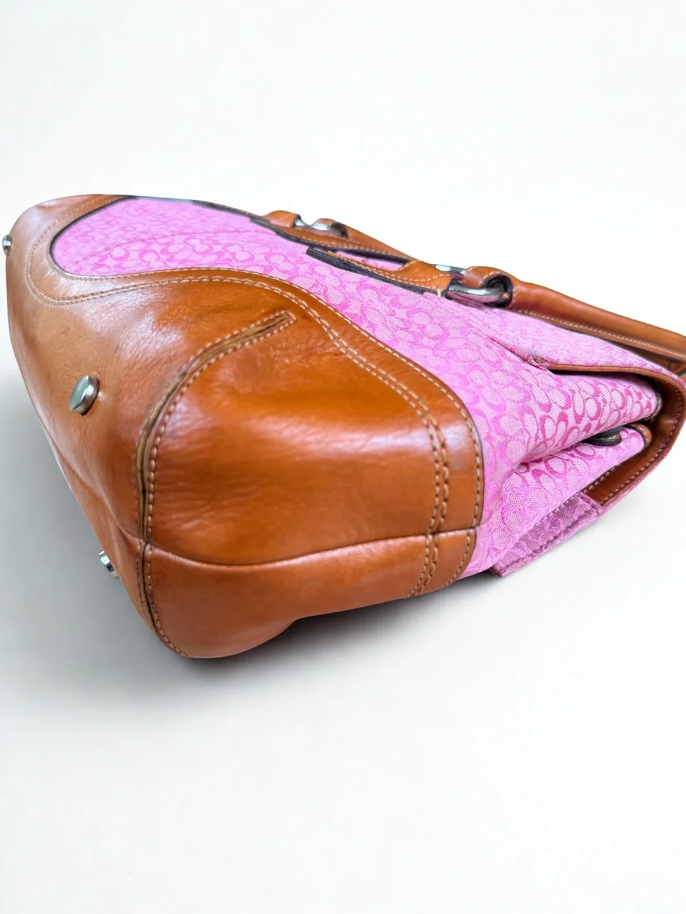 Coach Pink Canvas Satchel with Tan Leather Trim and Buckle Barbiecore